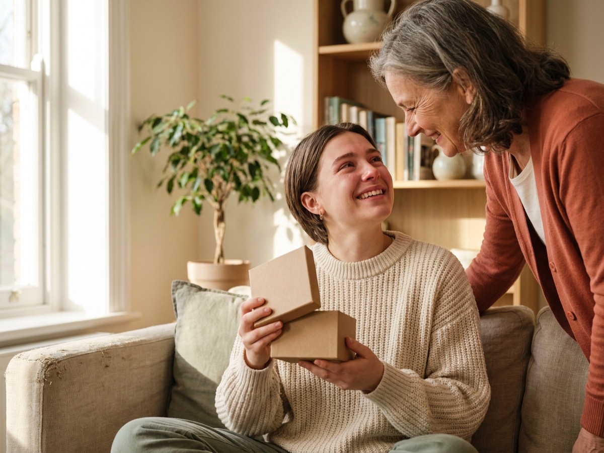 A young person moved to happy tears, looking up at an older loved one while holding a gift