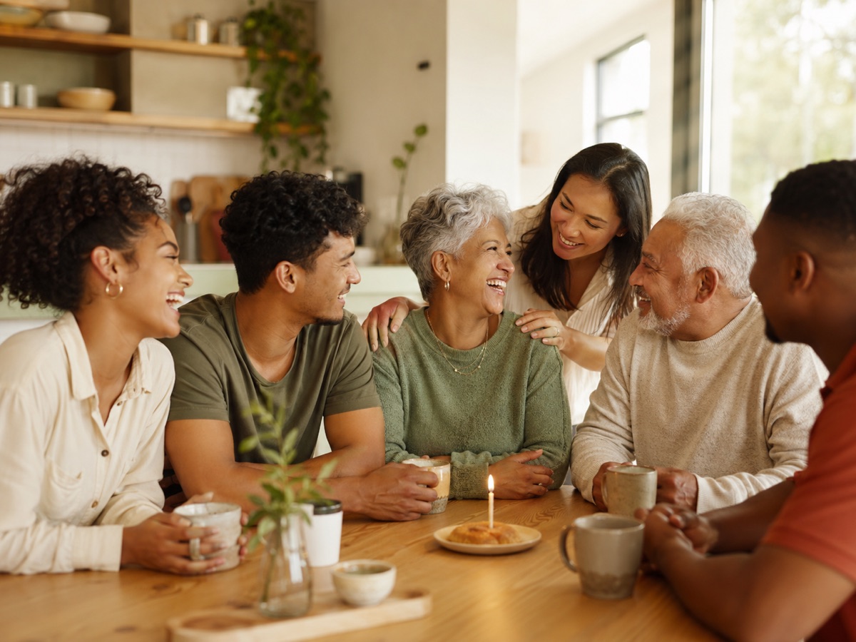 Friends and family of different generations laughing together around a kitchen table